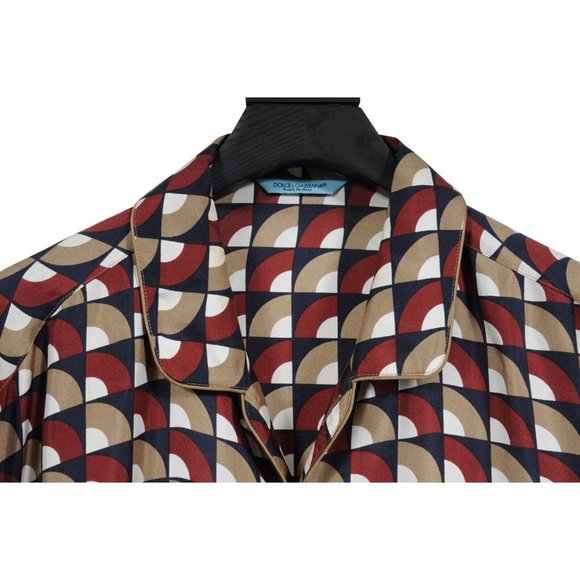 Dolce & Gabbana Mens Button Down Pajama Shirt 42 XL Red Tan Geometric 100% Silk - Picture 6 of 9